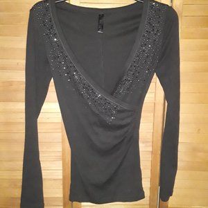Tee Shop SZ XS Black Low V Beaded Ruched Side Top Fancy Special Occasion Holiday